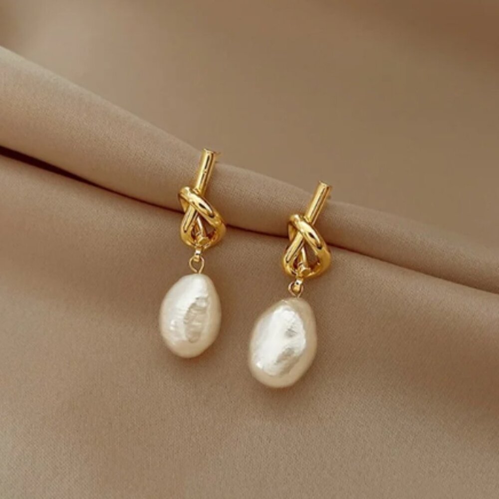 NEW Gold French Knot Pearl Drop Nautical Modern Women Dangle Earrings - Picture 6 of 6